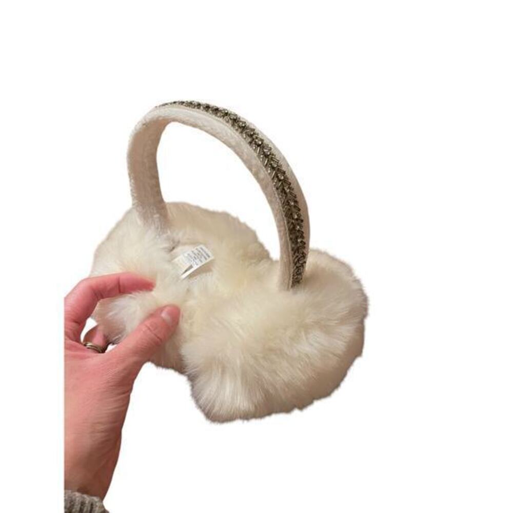 Cream Oversized Faux‎ Fur Women Ski Earmuffs with Rhinestone Jewel Headband